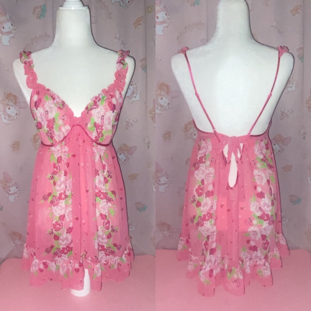 Betsey Johnson Intimates Pink Floral Tie Back Slip Dress with Ruffles